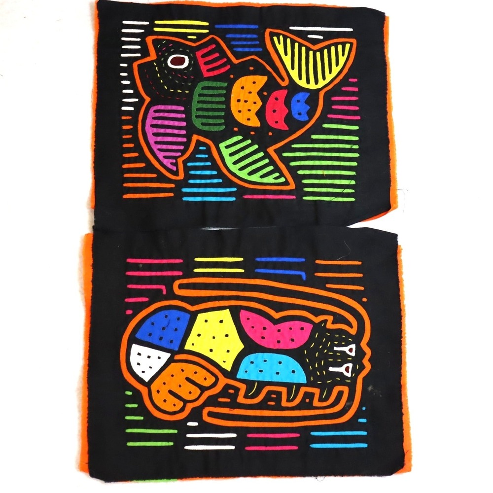 Vintage Kuna Mola Textile Panels Pair Folk Art Animals